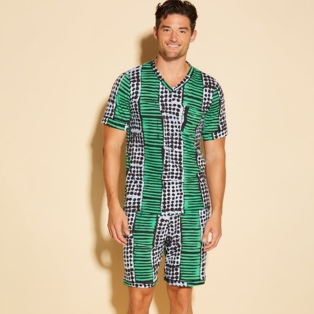 Cosabella Studio 189 Mens Pajama Set Green Black Batik Print SS Top Shorts